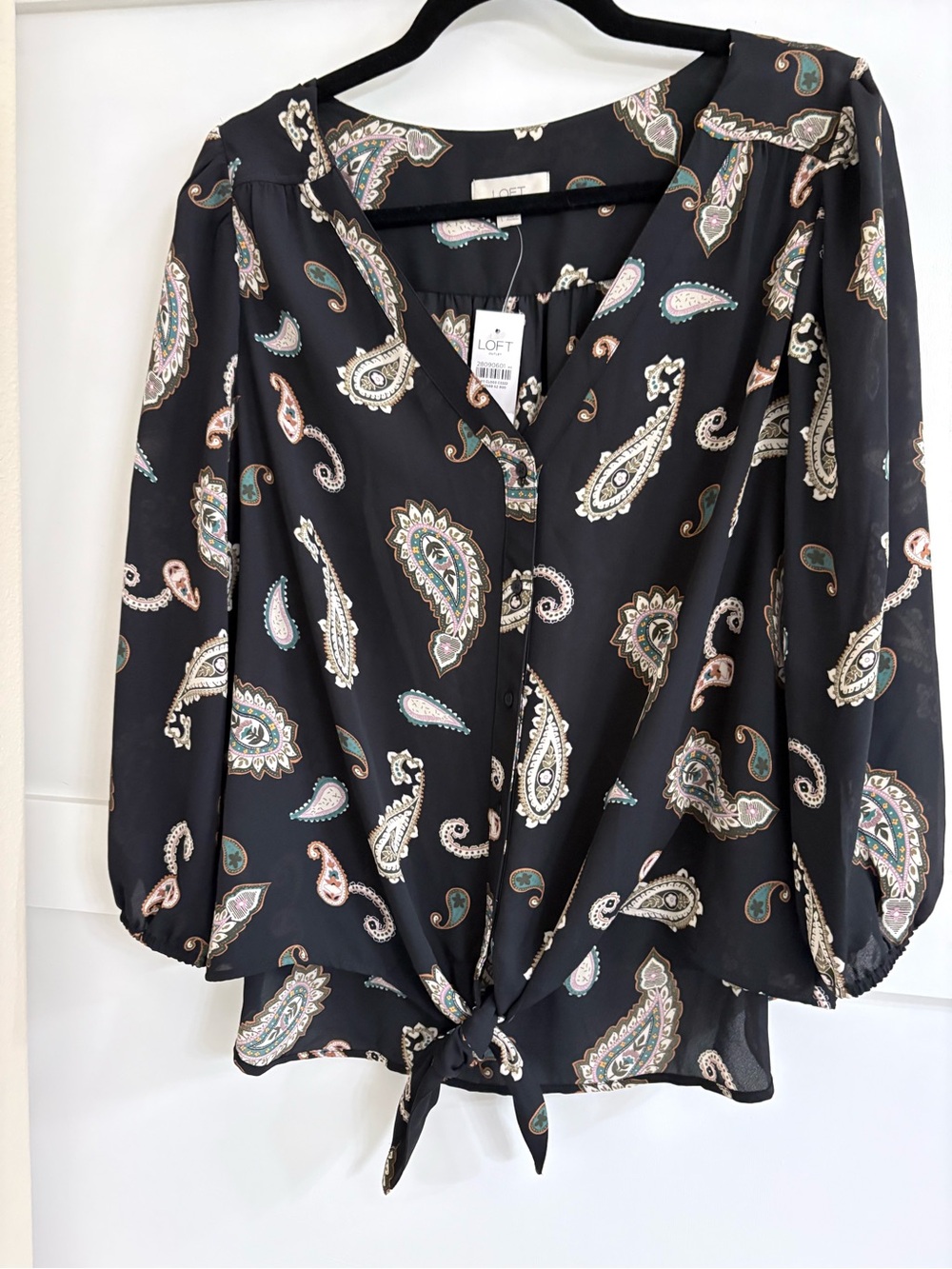 LOFT Black Paisley Tie-Hem Blouse with Teal & Pink Accents